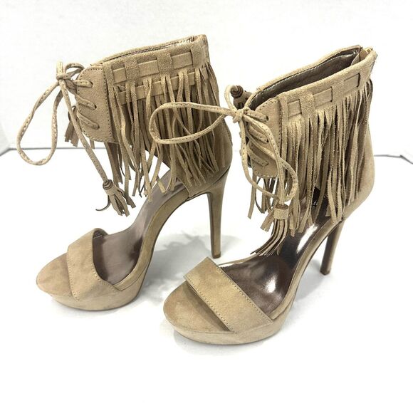 QUPID Womens Shoes Size 6 Fringe Ankle Open Toe Taupe Zip Closure Platform Heels - Picture 4 of 16